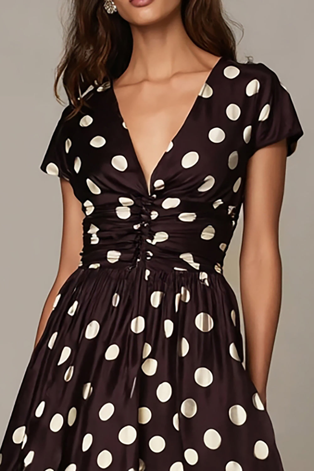Dark Brown White V-Neck Satin A Line Short Sleeves Polka Dots Dress