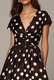 Dark Brown White V-Neck Satin A Line Short Sleeves Polka Dots Dress