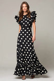 Black and White Chiffon A Line Cap Sleeves Polka Dots Dress with Ruffles