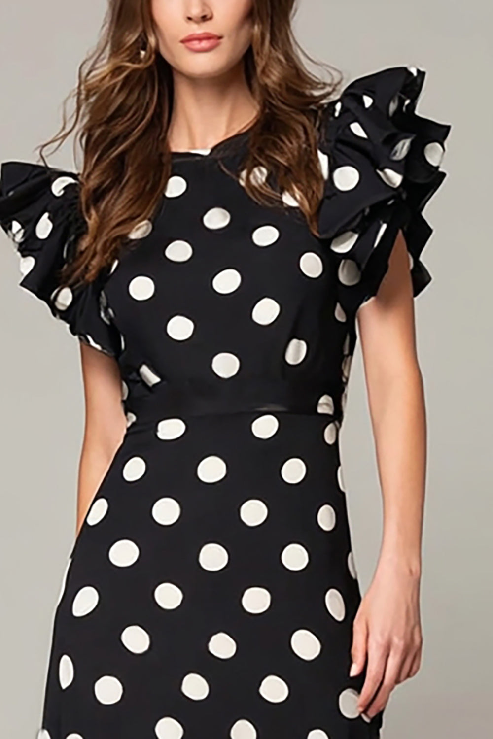 Black and White Chiffon A Line Cap Sleeves Polka Dots Dress with Ruffles
