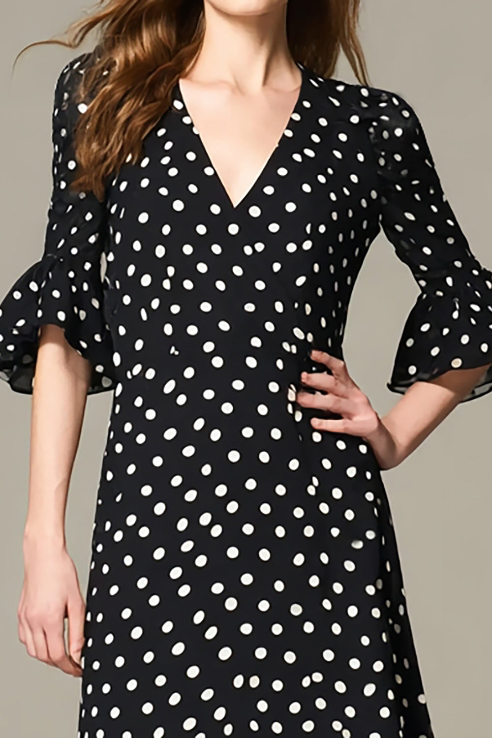 Black and White Chiffon A Line Half Sleeves Maxi Polka Dots Dress with Ruffles