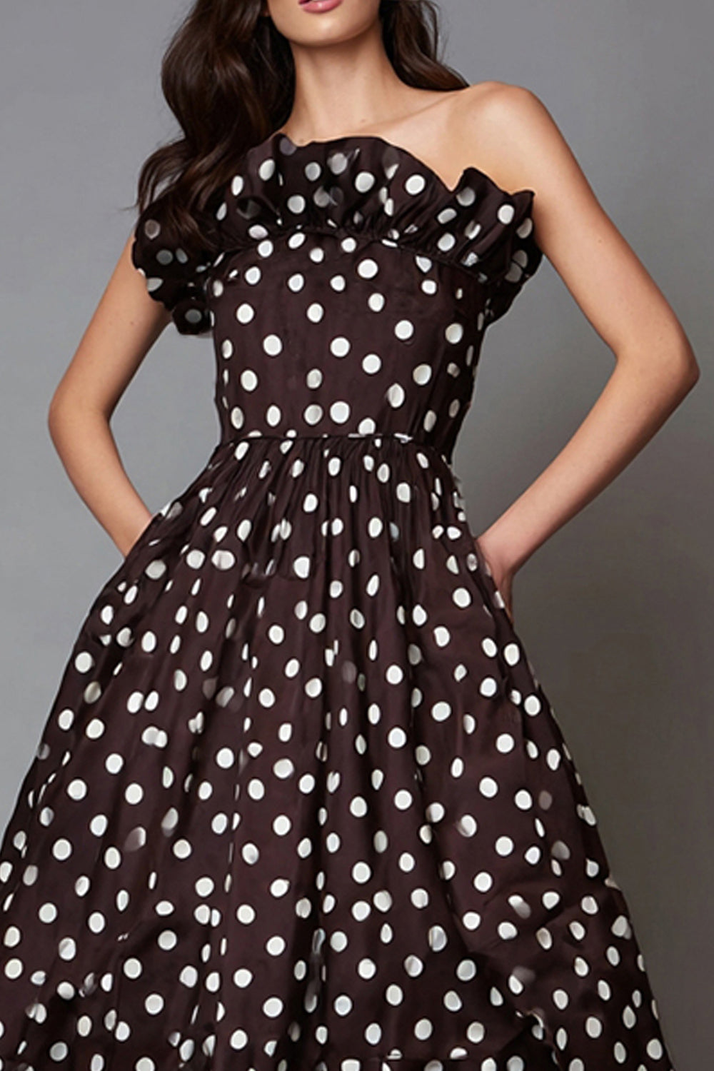 Dark Brown A Line Strapless Maxi Satin Polka Dots Dress