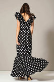 Black and White Chiffon Mermaid V-Neck Maxi Polka Dots Dress