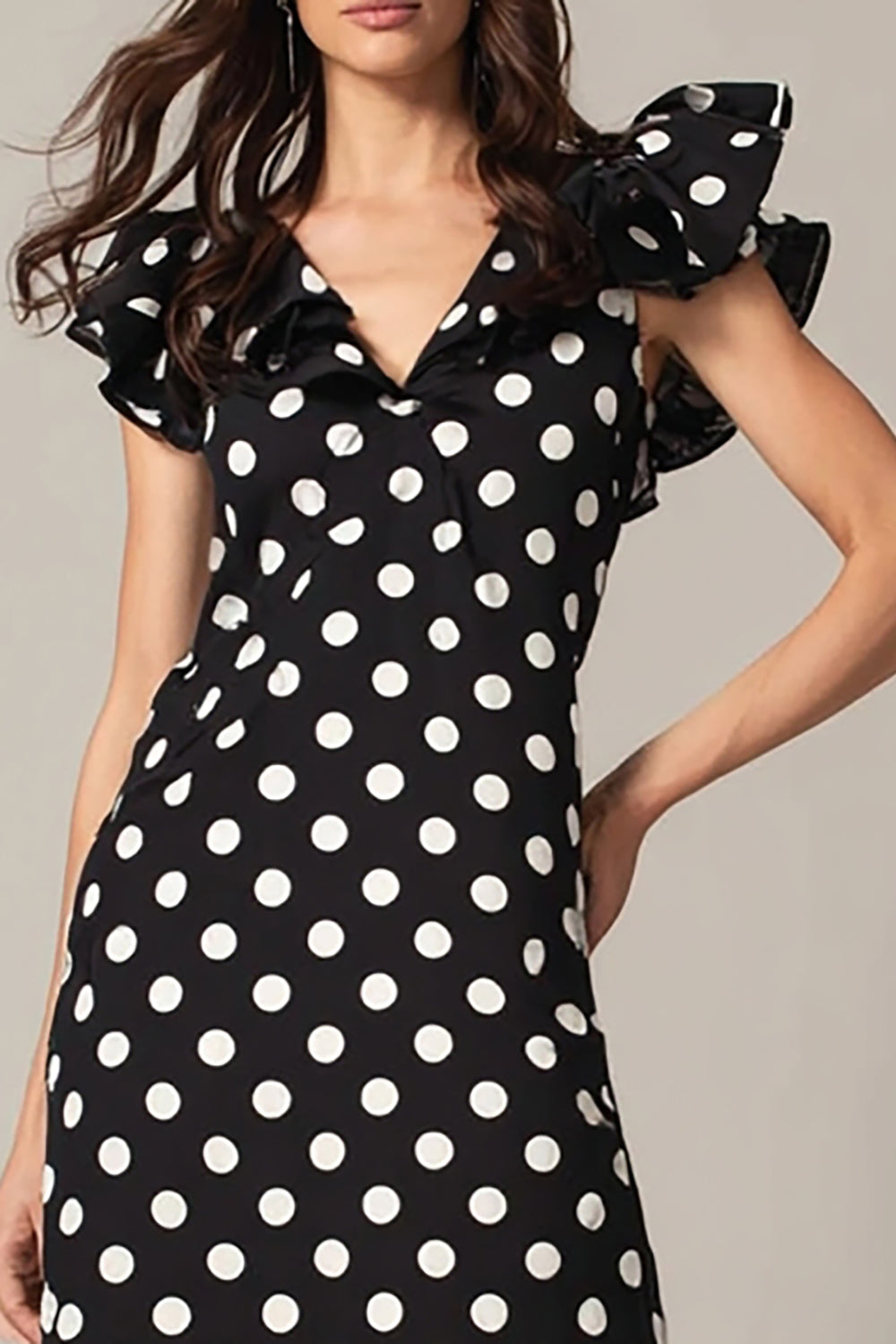 Black and White Chiffon Mermaid V-Neck Maxi Polka Dots Dress