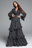 Black and White Chiffon A-Line Ruffled V-Neck Maxi Polka Dots Dress