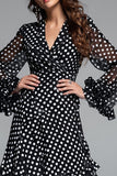 Black and White Chiffon A-Line Ruffled V-Neck Maxi Polka Dots Dress