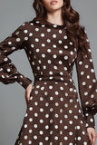 Dark Brown A-Line Satin Long Sleeves Round Neck Polka Dots Dress