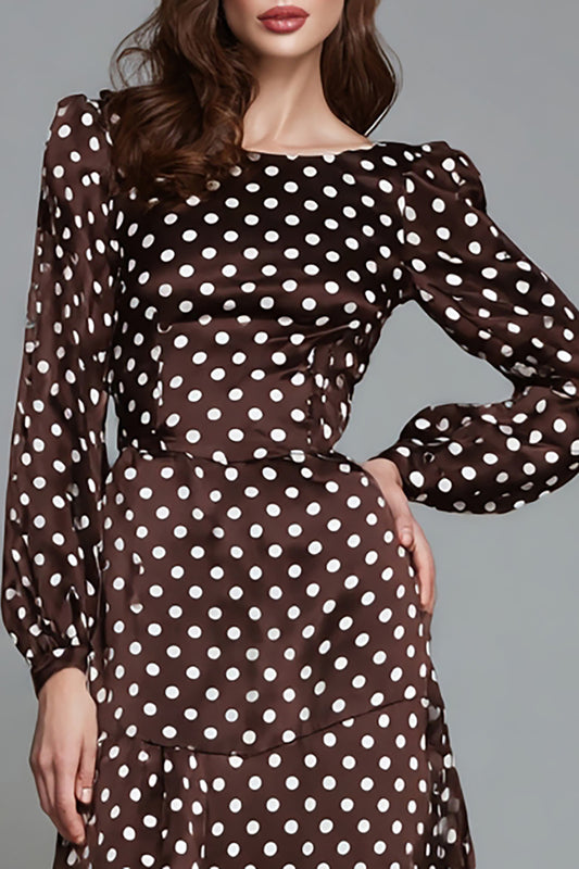 Dark Brown Satin Boat Neck A-Line Polka Dots Dress with Sleeves