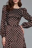 Dark Brown Satin Boat Neck A-Line Polka Dots Dress with Sleeves