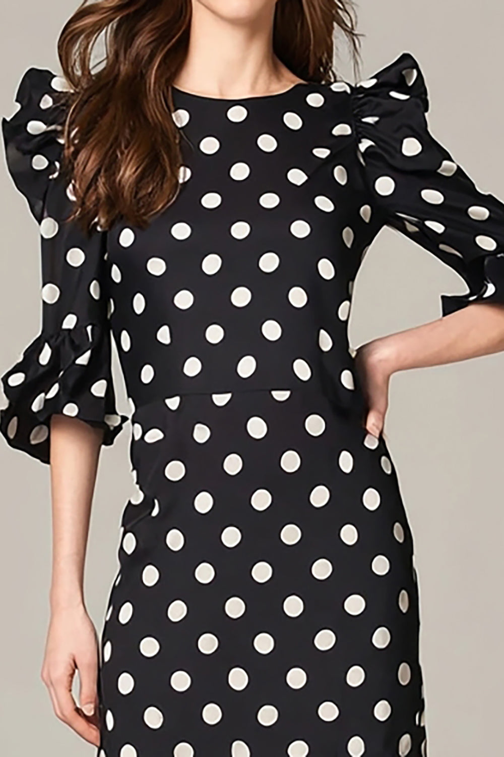 Black and White Round Neck Chiffon Maxi Polka Dots Dress with Ruffles