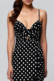 Black and White Spaghetti Straps Chiffon Maxi Polka Dots Dress with Slit