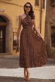 Brown Halter Neck Chiffon A-Line Tea Length  Polka Dots Dress