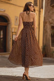 Brown Halter Neck Chiffon A-Line Tea Length  Polka Dots Dress