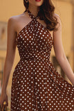 Brown Halter Neck Chiffon A-Line Tea Length  Polka Dots Dress