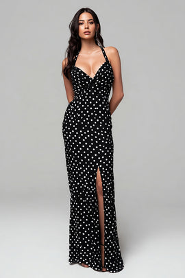 Black and White Chiffon Sheath Maxi Polka Dots Dress with Slit