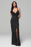 Black and White Chiffon Sheath Maxi Polka Dots Dress with Slit