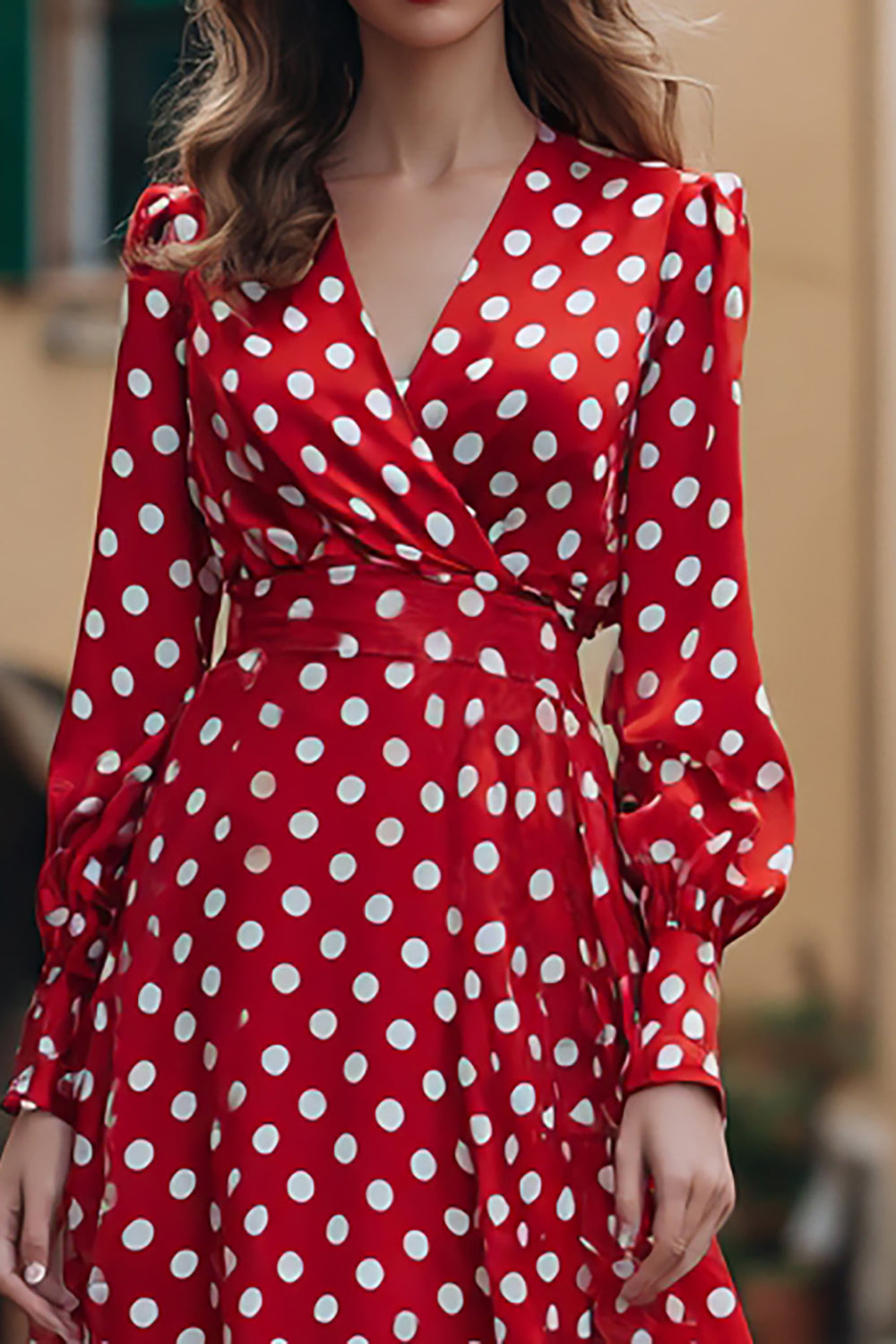 Red Chiffon Long Sleeves V-Neck A-Line Polka Dots Dress