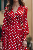 Red Chiffon Long Sleeves V-Neck A-Line Polka Dots Dress