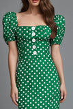Green Satin Pencil Tea Length Square Neck Polka Dots Dress