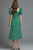 Green Satin Pencil Tea Length Square Neck Polka Dots Dress