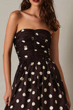 Dark Brown Satin Strapless A-Line Tea Length Polka Dots Dress