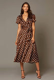 Brown Satin V-Neck A-Line Tea Length Polka Dots Dress