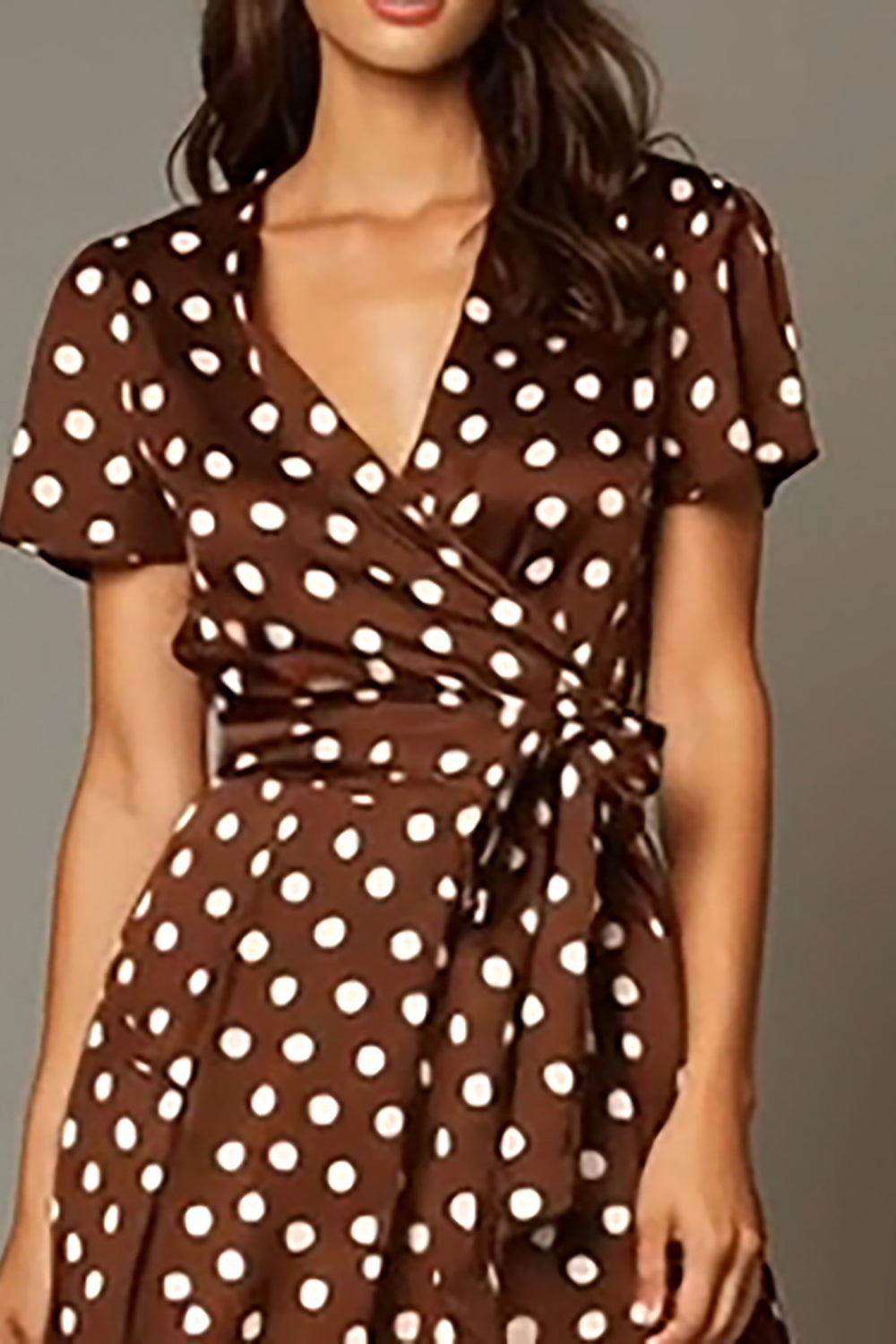 Brown Satin V-Neck A-Line Tea Length Polka Dots Dress