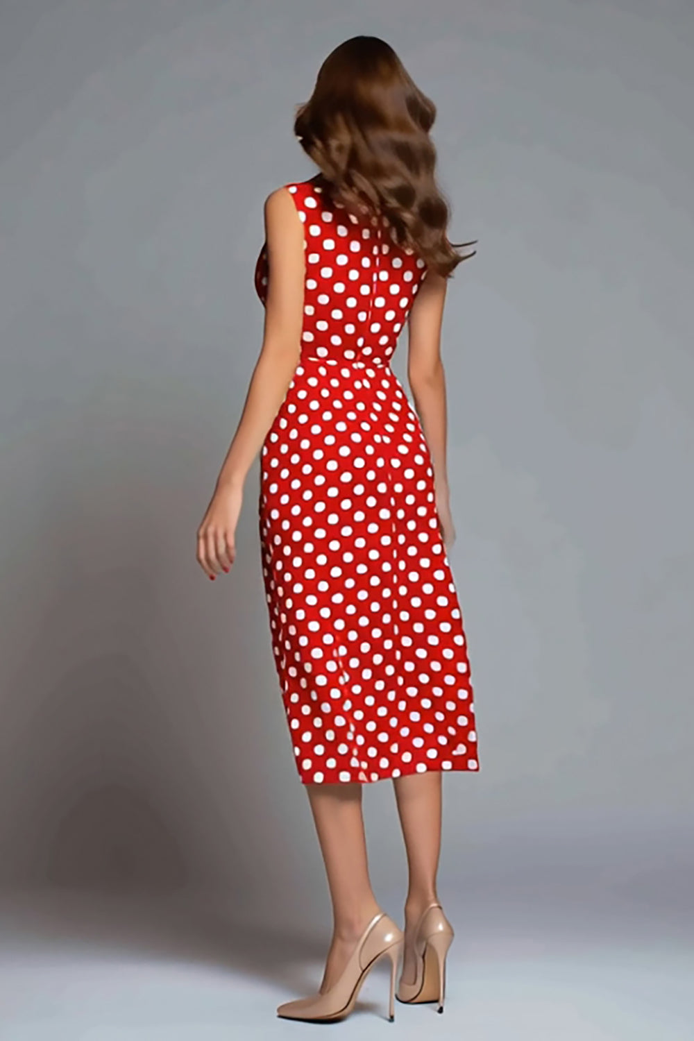 Zapakasa Women Red Satin Polka Dots Dress Tea Length V-Neck Bodycon Sleeveless Party Dress Zapakasa Women Red Satin Polka Dots Dress Tea Length V-Neck Bodycon Sleeveless Party Dress
