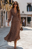Brown Chiffon V-Neck A-Line Long Sleeves Polka Dots Dress