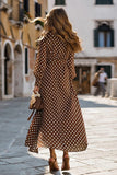 Brown Chiffon V-Neck A-Line Long Sleeves Polka Dots Dress