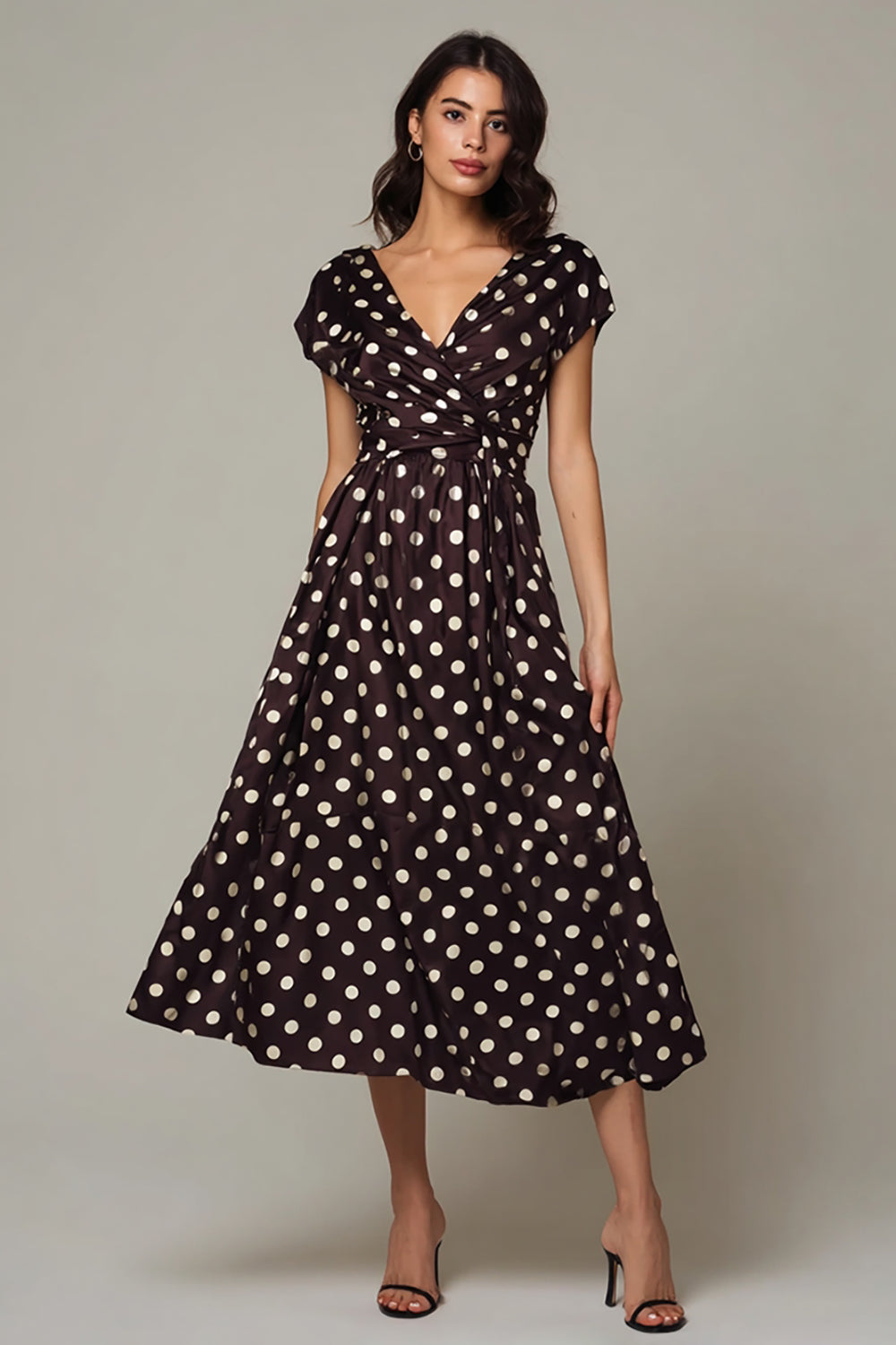 Zapaka Women Dark Brown V-Neck Satin A-Line Polka Dots Dress Tea Length Cap Sleeve Party Dress, Dark Brown / US12