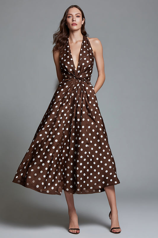 Brown Halter A-Line Tea Length Polka Dots Dress