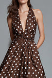 Brown Halter A-Line Tea Length Polka Dots Dress