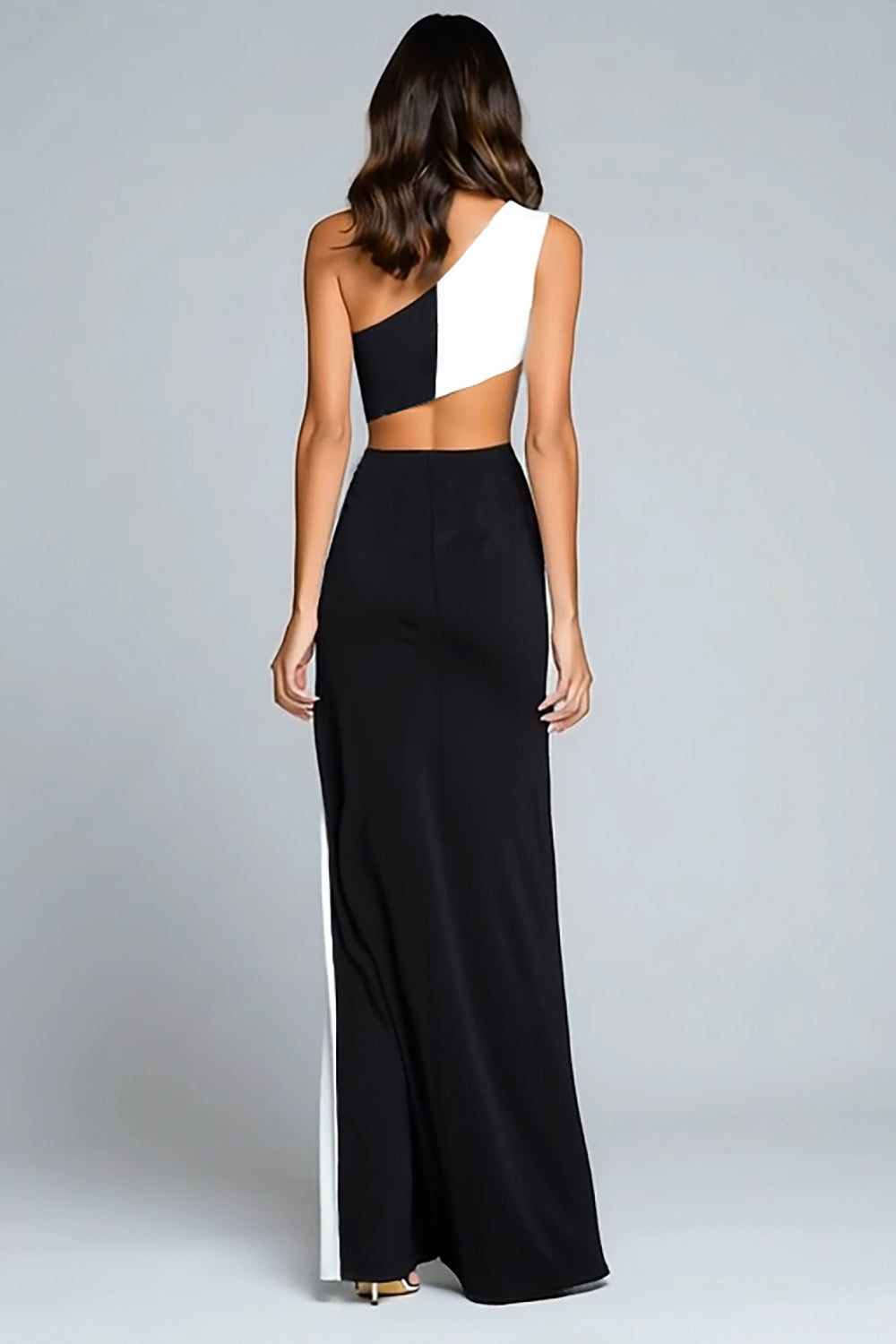 Zapakasa Women Black and White Satin Long Formal Dress with Slit One