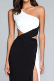 Black and White One Shoulder Satin Long Formal Dress with Slit