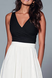 Black and White A Line V-Neck Long Formal Dress