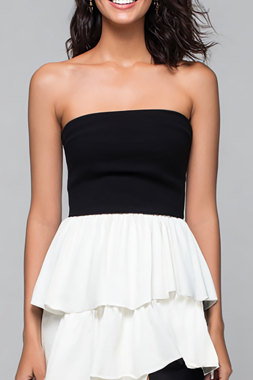 Black and White Strapless Tiered Long Formal Dress with Slit