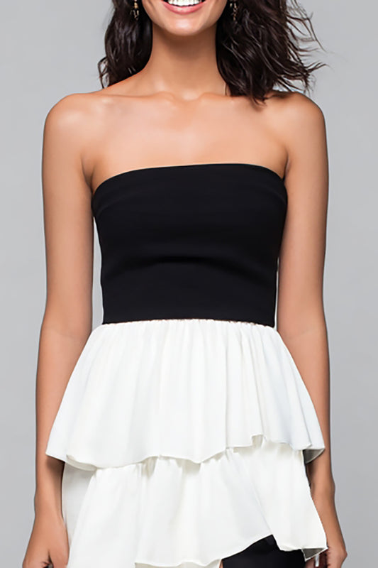 Black and White Strapless Tiered Long Formal Dress with Slit