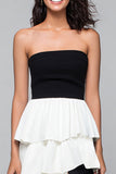 Black and White Strapless Tiered Long Formal Dress with Slit