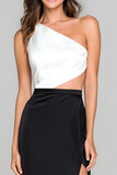 Black and White Sheath One Shoulder Long Formal Dress with Slit
