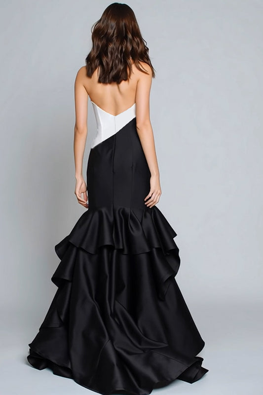 Black and White Patchwork Mermaid Long Formal Dress with Ruffles