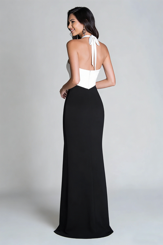 Black and White Mermaid Halter Long Formal Dress with Slit