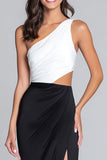Black and White Satin One Shoulder Long Formal Dress with Slit