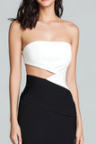 Black and White Cut Out Strapless Long Satin Formal Dress with Slit