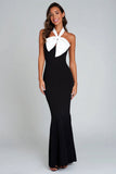 Black and White Mermaid Satin Long Formal Dress with Bow
