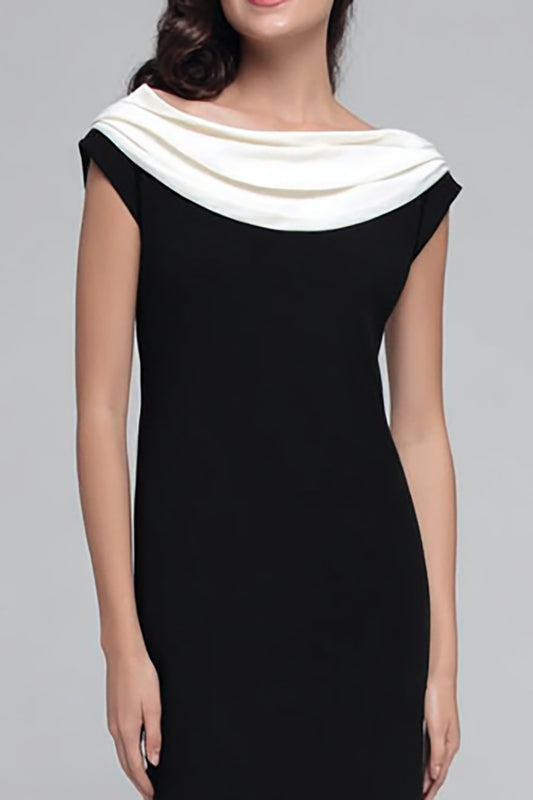 Black and White Boat Neck Sheath Long Satin Formal Dress