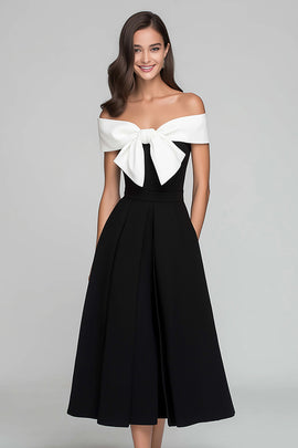 Black and White A Line Off the Shoulder Long Formal Dress with Bow