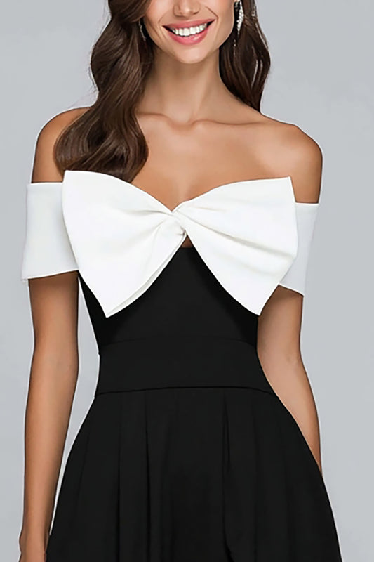 Black and White Off the Shoulder A-Line Tea Length Formal Dress with Bow