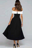 Black and White Off the Shoulder A-Line Tea Length Formal Dress with Bow
