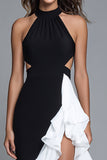 Black and White Halter Cut-Out Long Formal Dress with Ruffles